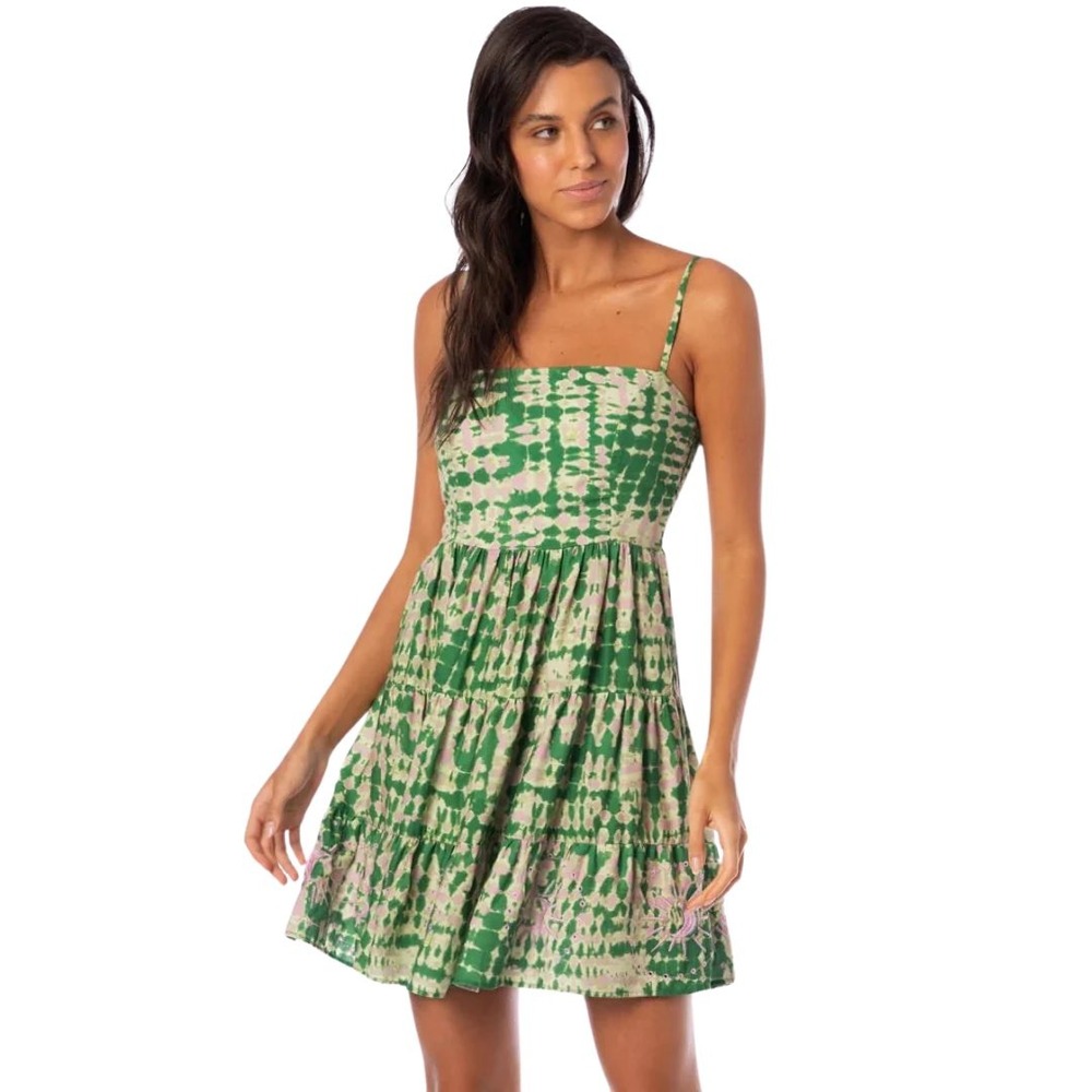 Maaji Boho Camo Emily Short Dress Green Pink Embroidered Celestial Tiered Mini M